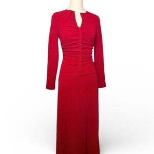 Women's Red Long Sleeve Ruched Bodycon Midi Dress Elegant Evening Party Size M